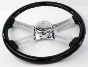 SW-4SPOKEBLKH - 18¨  BLACK WOOD STEERING WHEEL WITH 4 CHROME SPOKES WITH HUB