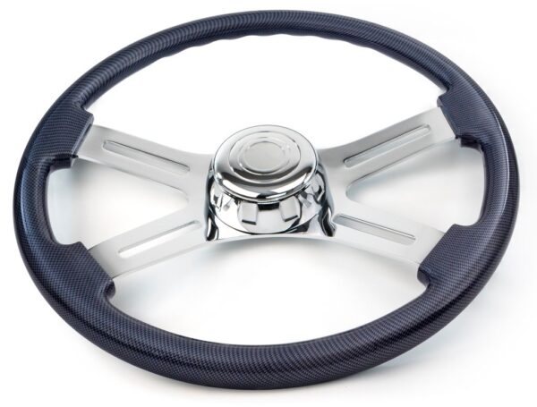SW-4SPOKECFH - 18¨  CARBON FIBER DESIGN WOOD STEERING WHEEL WITH 4 CHROME SPOKES WITH HUB