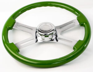 SW-4SPOKEGH - 18¨  GREEN WOOD STEERING WHEEL WITH 4 CHROME SPOKES WITH HUB