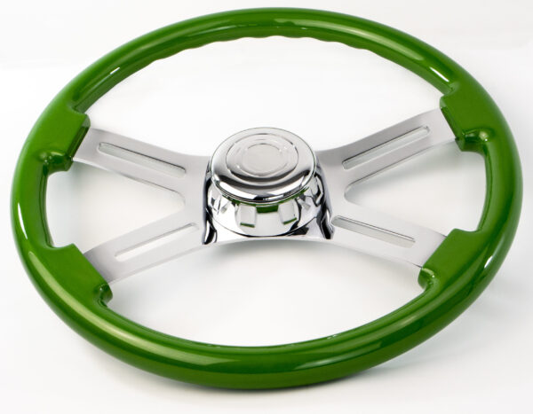 SW-4SPOKEGH - 18¨  GREEN WOOD STEERING WHEEL WITH 4 CHROME SPOKES WITH HUB