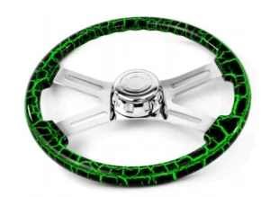 SW-4SPOKELTGH - 18¨  GREEN LIGHTNING DESIGN WOOD STEERING WHEEL WITH HUB