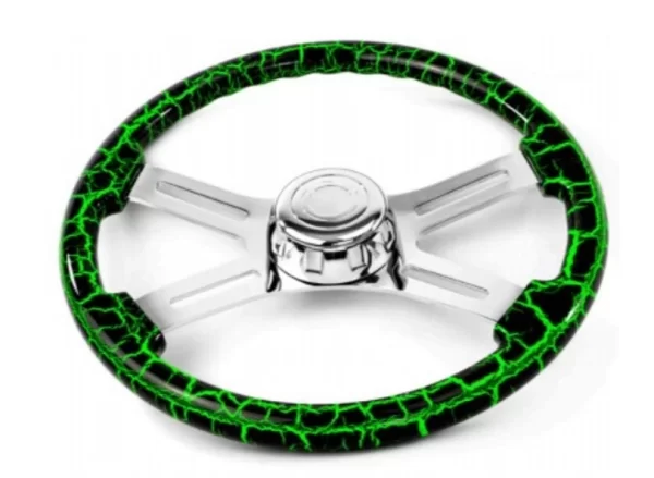 SW-4SPOKELTGH - 18¨  GREEN LIGHTNING DESIGN WOOD STEERING WHEEL WITH HUB