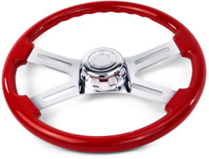 SW-4SPOKERH - 18¨  RED WOOD STEERING WHEEL WITH 4 CHROME SPOKES WITH HUB