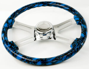 SW-4SPOKESKBH - 18¨  SKULL DESIGN BLUE WOOD STEERING WHEEL WITH 4 CHROME SPOKES WITH HUB