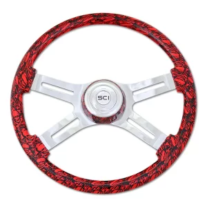 SW-4SPOKESKRH - 18¨  SKKULL DESIGN RED WOOD STEERING WHEEL WITH 4 CHROME SPOKES WITH HUB