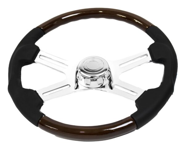 SW-4SPOKESPH - 18¨  WOOD AND LEATHER STEERING WHEEL WITH 4 CHROME SPOKES WITH HUB