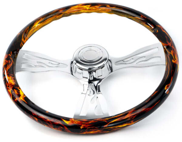 SW-FLAMEEFFH- 18¨ FIRE DESIGN WOOD STEERING WHEEL WITH 3 CHROME FLAME SPOKES WITH HUB