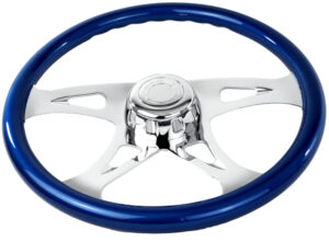 SW-VIBBH- 18¨ BLUE WOOD STEERING WHEEL WITH CHROME VIBRANT DESIGN SPOKES WITH HUB