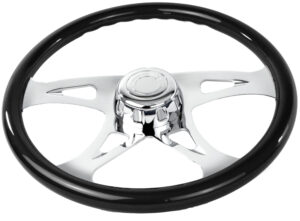 SW-VIBBLKH- 18¨ BLACK WOOD STEERING WHEEL WITH CHROME VIBRANT DESIGN SPOKES WITH HUB