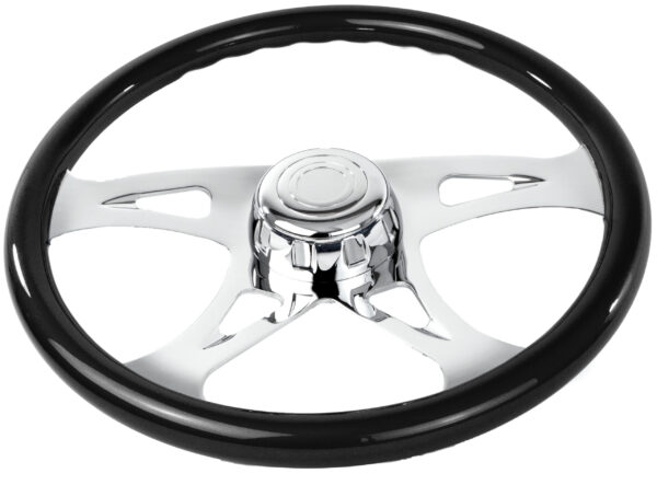 SW-VIBBLKH- 18¨ BLACK WOOD STEERING WHEEL WITH CHROME VIBRANT DESIGN SPOKES WITH HUB