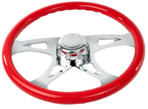 SW-VIBRH- 18¨  RED WOOD STEERING WHEEL WITH CHROME VIBRANT DESIGN SPOKES WITH HUB