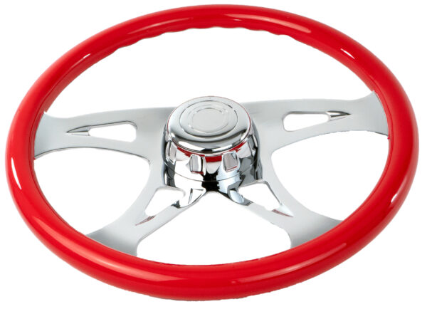 SW-VIBRH- 18¨  RED WOOD STEERING WHEEL WITH CHROME VIBRANT DESIGN SPOKES WITH HUB