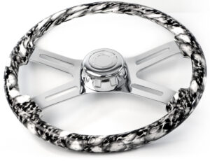 SW-4SPOKESKWH - 18¨  SKULL DESIGN WHITE WOOD STEERING WHEEL WITH 4 CHROME SPOKES WITH HUB