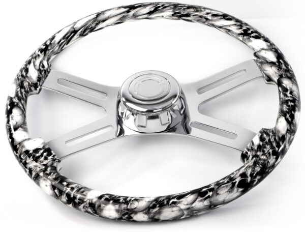 SW-4SPOKESKWH - 18¨  SKULL DESIGN WHITE WOOD STEERING WHEEL WITH 4 CHROME SPOKES WITH HUB